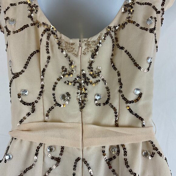 Shail K. Romper 2 Cream Brown Sequin Rhinestones Lined Short Sleeve Tie Waist - Picture 11 of 14